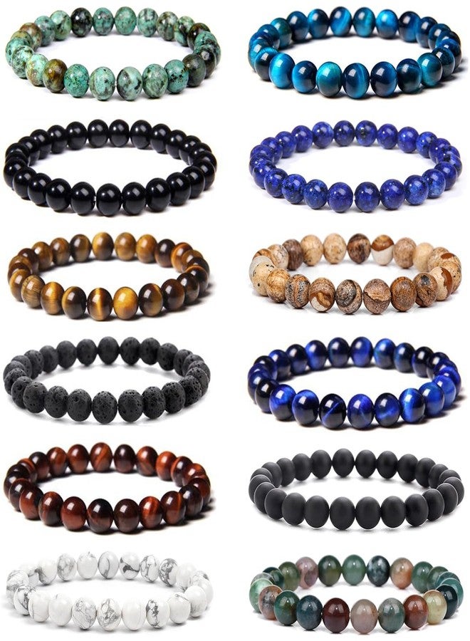 FIRAZIO 12Pcs 8mm Gemstones Beaded Stretch Bracelet for Women Crystal Stone Bracelets Round Beads Semi-Precious Stretch Bracelet Set Unisex - Image 1